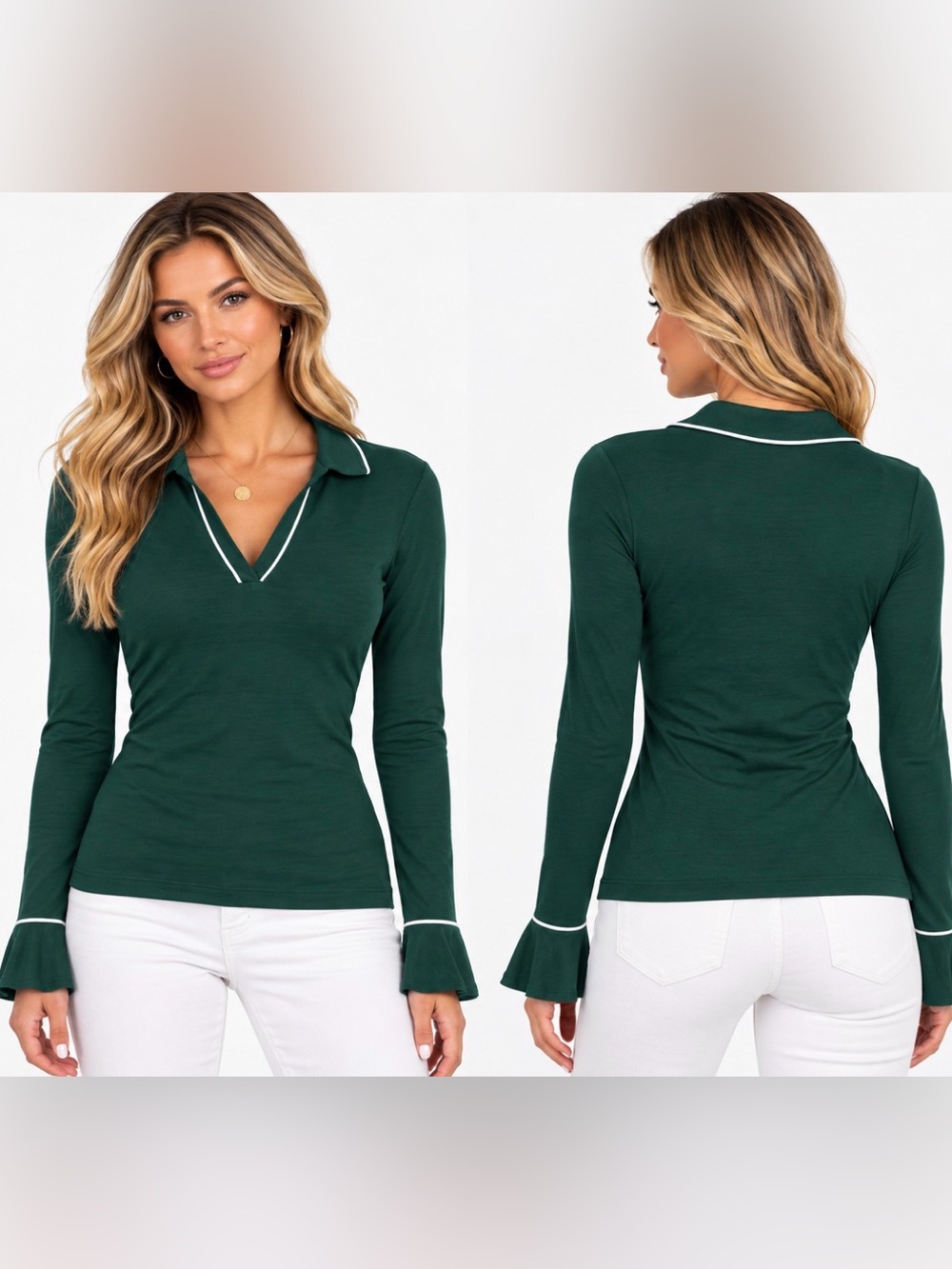 OGL Women's Forest Green Long-Sleeve V-Neck Polo with White Trim